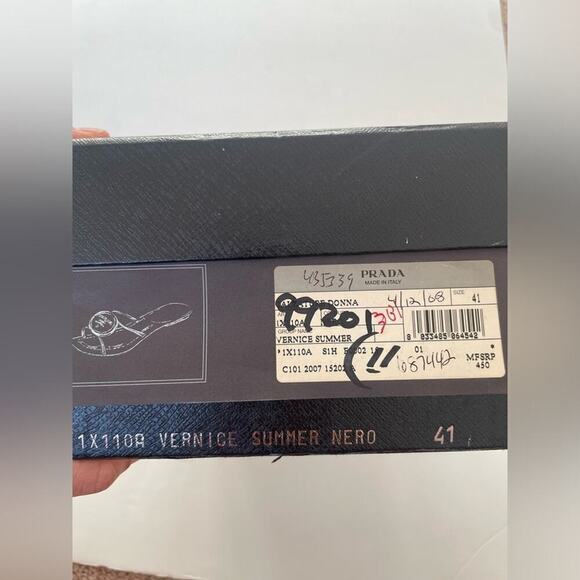 Prada Heeled Sandals Gold Logo Black Leather T Strap Flip Flop Slides EU 41 - Picture 10 of 10